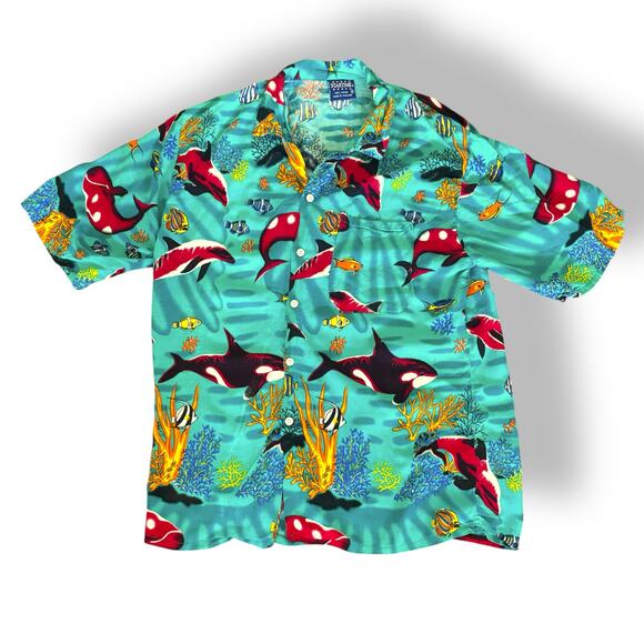 Vintage 90s Orca Print Rayon Hawaiian Printed Shirt Teal Ocean Fish Coral Medium - Picture 10 of 10
